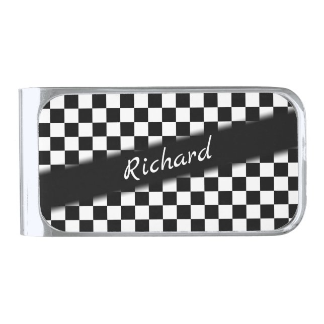 Checker Race Flag Personal Silver Finish Money Clip (Front)