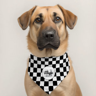 Checker squares Black and White retro Monogram Pet Bandana Collar