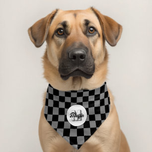 Checker squares gray and black retro Monogram Pet Bandana Collar
