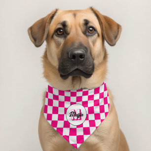 Checker squares hot pink white retro Monogram Pet Bandana Collar