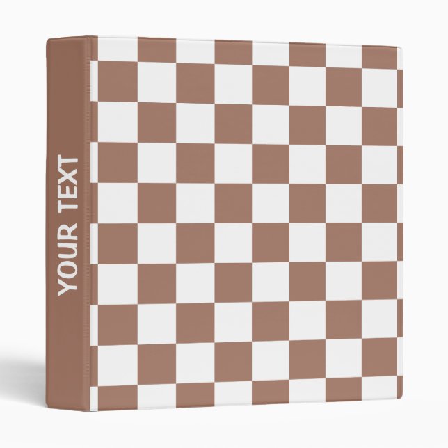 Checker squares mocha brown white Custom text 3 Ring Binder (Front/Spine)