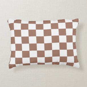 Checker squares mocha brown white geometric retro accent pillow