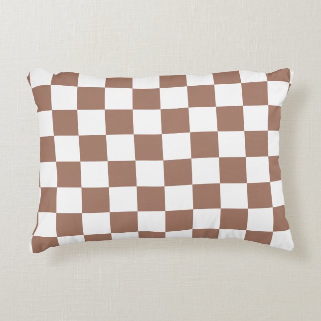 Checker squares mocha brown white geometric retro accent pillow (Front)