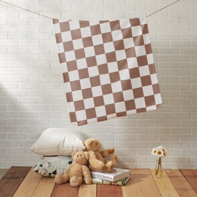 Checker squares mocha brown white geometric retro baby blanket (In Situ)