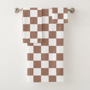 Checker squares mocha brown white geometric retro bath towel set