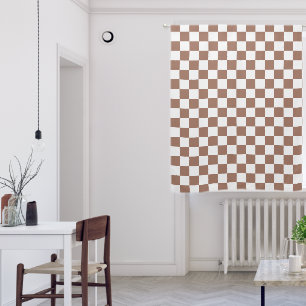 Checker squares mocha brown white geometric retro blackout curtains