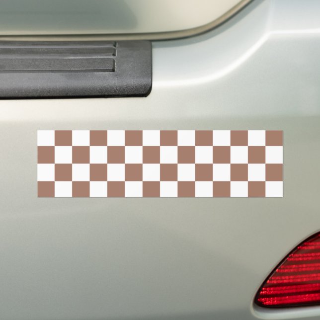 Checker squares mocha brown white geometric retro bumper sticker (On Car)