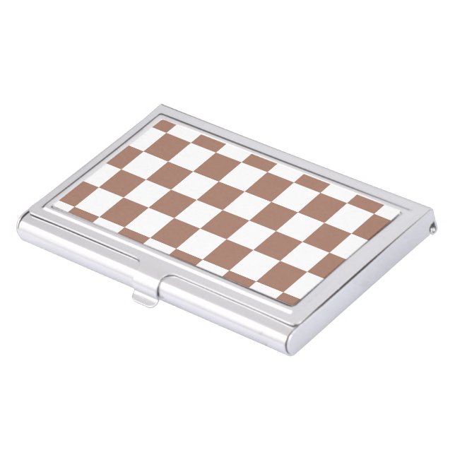 Checker squares mocha brown white geometric retro business card case (Front)