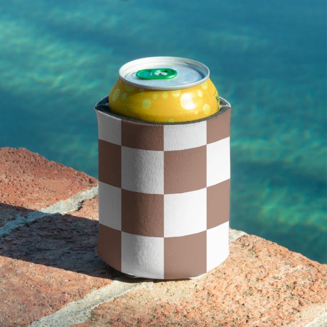 Checker squares mocha brown white geometric retro can cooler (In Situ Pool)