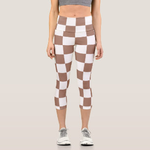 Checker squares mocha brown white geometric retro capri leggings