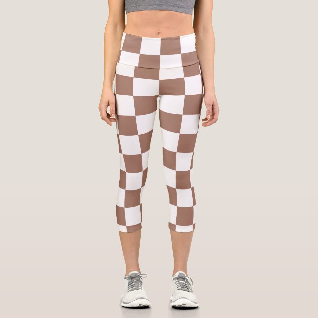 Checker squares mocha brown white geometric retro capri leggings (Front)