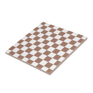Checker squares mocha brown white geometric retro ceramic tile