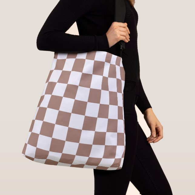 Checker squares mocha brown white geometric retro crossbody bag (Close Up)