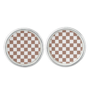 Checker squares mocha brown white geometric retro cufflinks