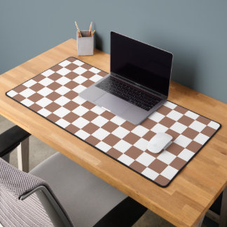 Checker squares mocha brown white geometric retro desk mat