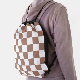 Checker squares mocha brown white geometric retro drawstring bag