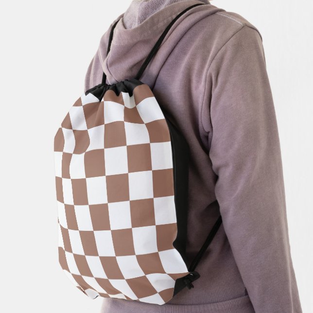 Checker squares mocha brown white geometric retro drawstring bag (Insitu)