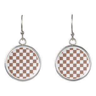 Checker squares mocha brown white geometric retro earrings