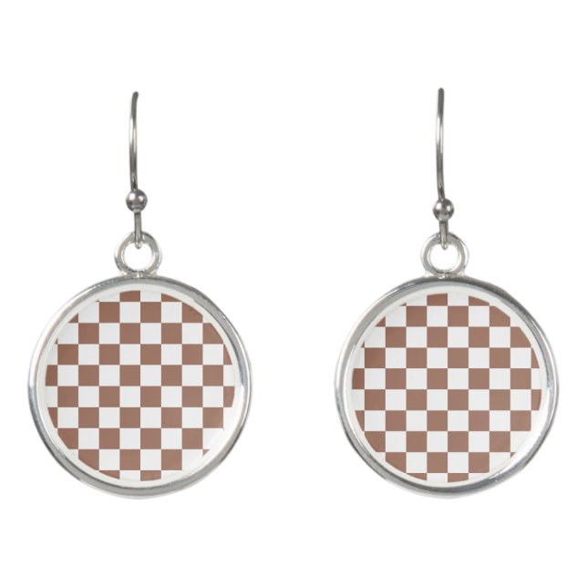 Checker squares mocha brown white geometric retro earrings (Front)