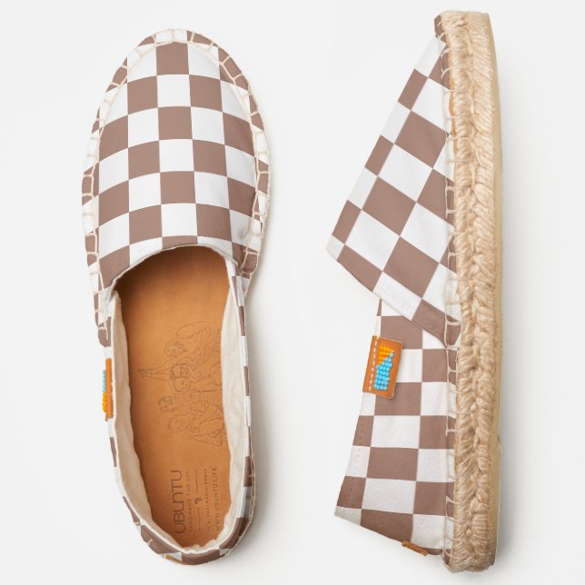 Checker squares mocha brown white geometric retro espadrilles (Side)