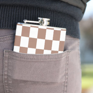 Checker squares mocha brown white geometric retro flask