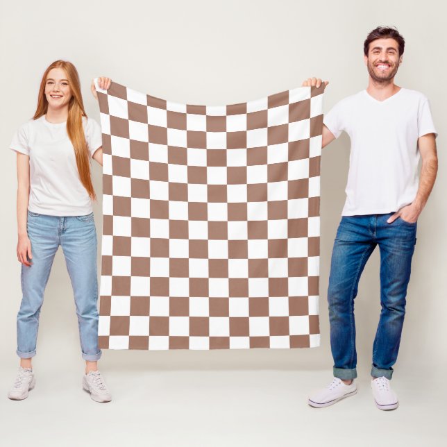Checker squares mocha brown white geometric retro fleece blanket (In Situ)