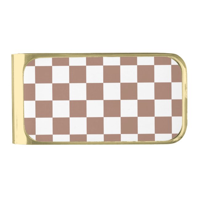 Checker squares mocha brown white geometric retro gold finish money clip (Front)