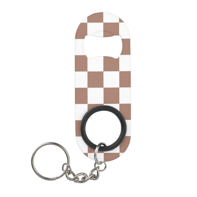 Checker squares mocha brown white geometric retro keychain bottle opener (Front)