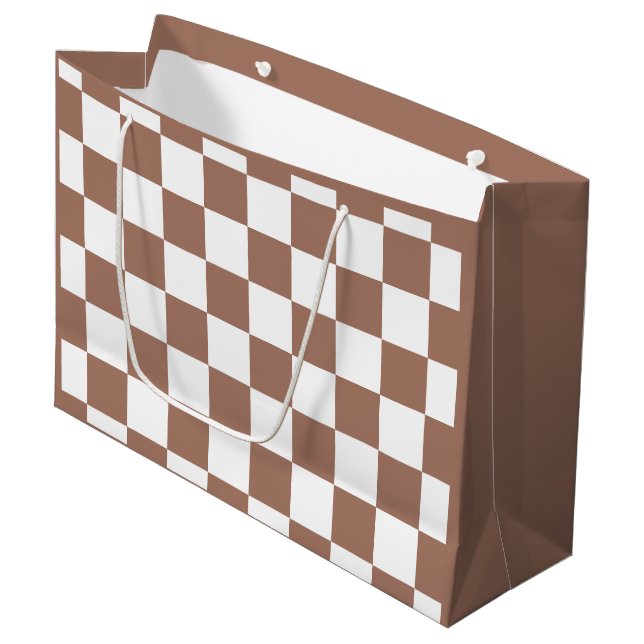 Checker squares mocha brown white geometric retro large gift bag (Front Angled)
