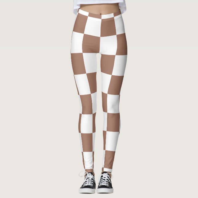 Checker squares mocha brown white geometric retro leggings (Front)