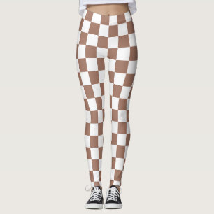 Checker squares mocha brown white geometric retro leggings