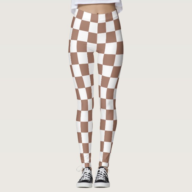 Checker squares mocha brown white geometric retro leggings (Front)