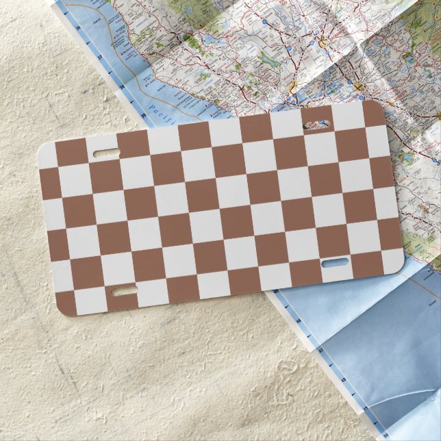 Checker squares mocha brown white geometric retro license plate (In Situ)