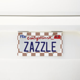Checker squares mocha brown white geometric retro license plate frame