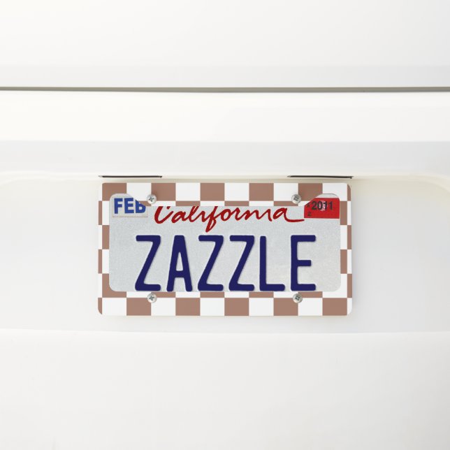 Checker squares mocha brown white geometric retro license plate frame (On Car)
