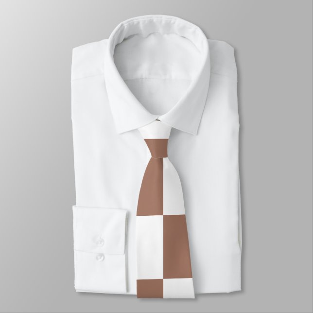 Checker squares mocha brown white geometric retro neck tie (Tied)