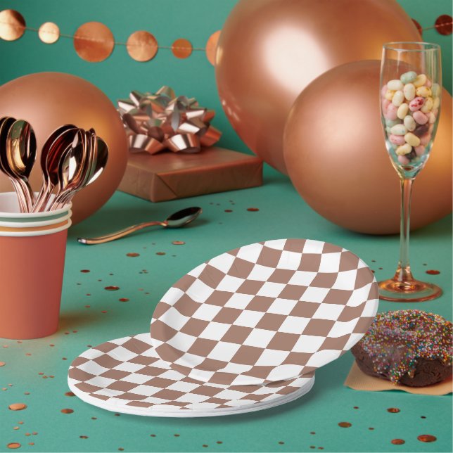 Checker squares mocha brown white geometric retro paper plates (Multi)
