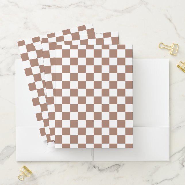 Checker squares mocha brown white geometric retro pocket folder (In Situ)