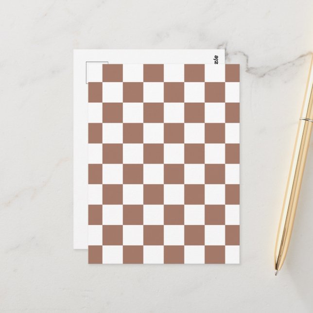 Checker squares mocha brown white geometric retro postcard (Front/Back In Situ)