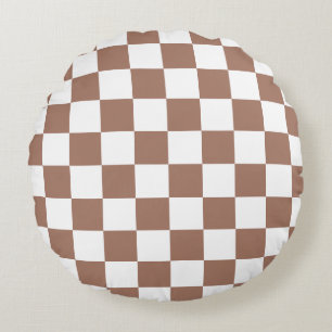 Checker squares mocha brown white geometric retro round pillow