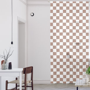Checker squares mocha brown white geometric retro sheer curtains