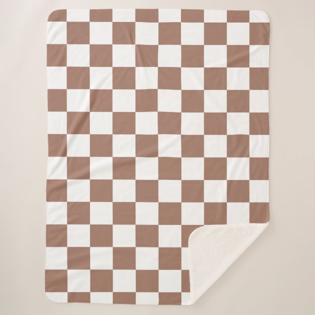 Checker squares mocha brown white geometric retro sherpa blanket (Front)