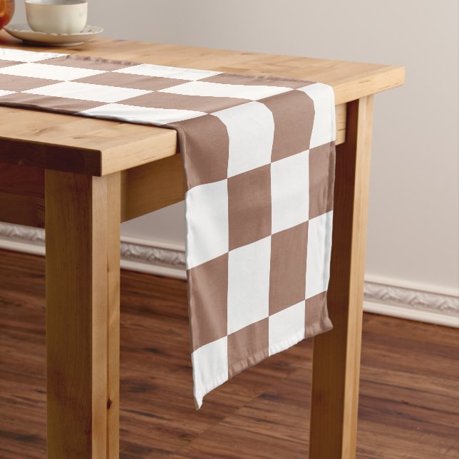 Checker squares mocha brown white geometric retro short table runner (In Situ)