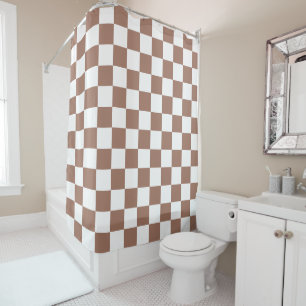Checker squares mocha brown white geometric retro shower curtain