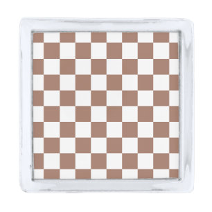 Checker squares mocha brown white geometric retro silver finish lapel pin