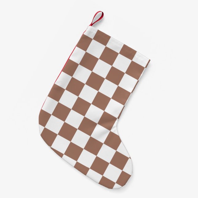 Checker squares mocha brown white geometric retro small christmas stocking (Front (Hanging))