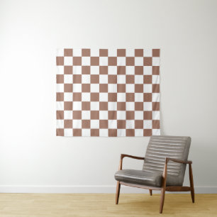Checker squares mocha brown white geometric retro tapestry