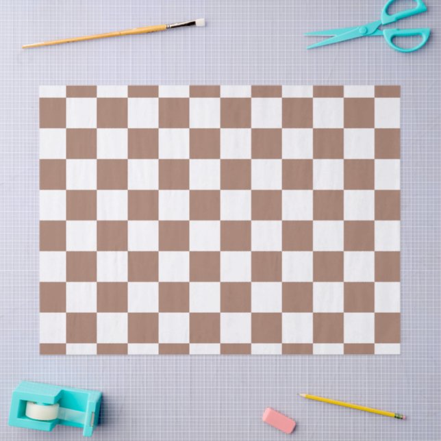 Checker squares mocha brown white geometric retro tissue paper (Craft)