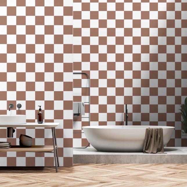 Checker squares mocha brown white geometric retro wallpaper  (Bathroom)