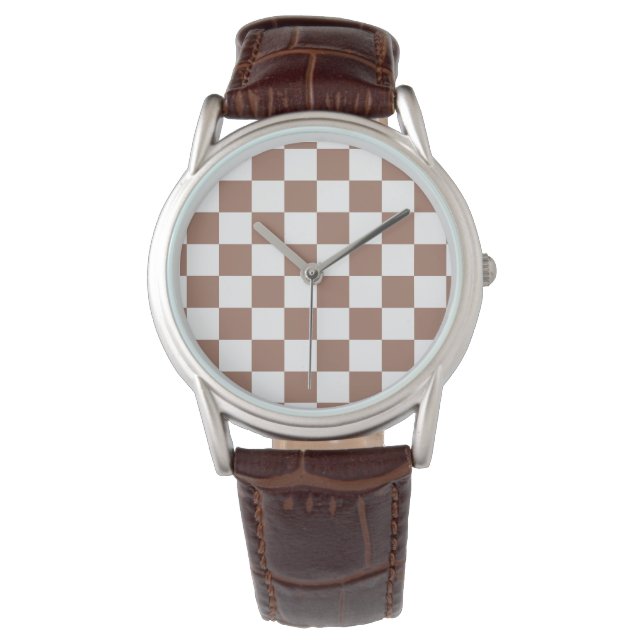 Checker squares mocha brown white geometric retro watch (Front)